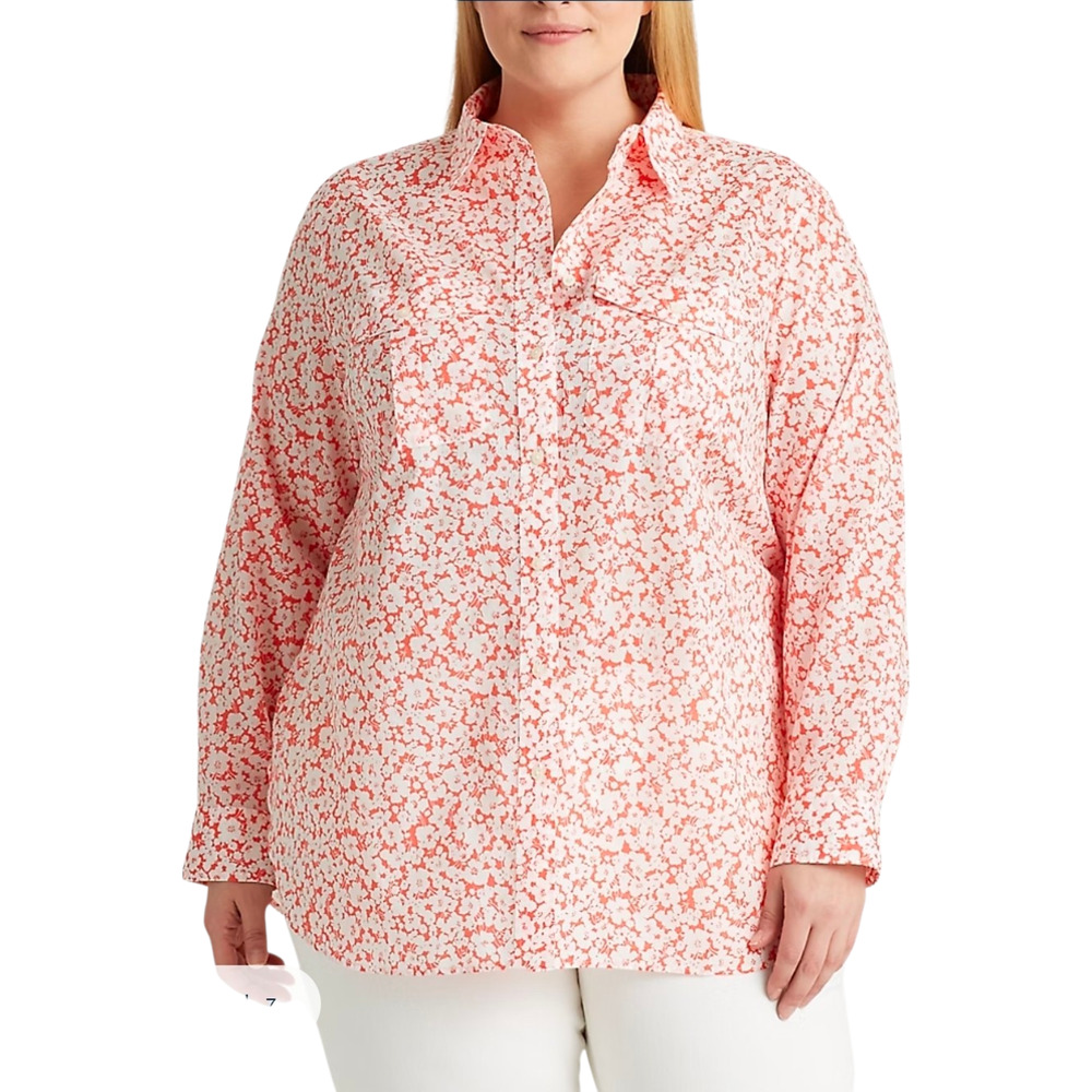 Lauren By Ralph Lauren Womens Island Hibiscus White/Coral Floral Shirt Blouse L